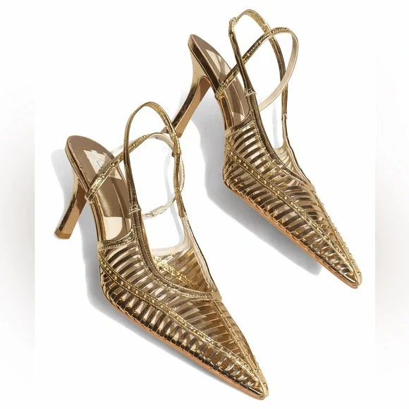🆕 Dolce Vita Distressed Gold Strap Cage Leather Slingback Pointed Toe Heels 9.5 - Picture 3 of 17